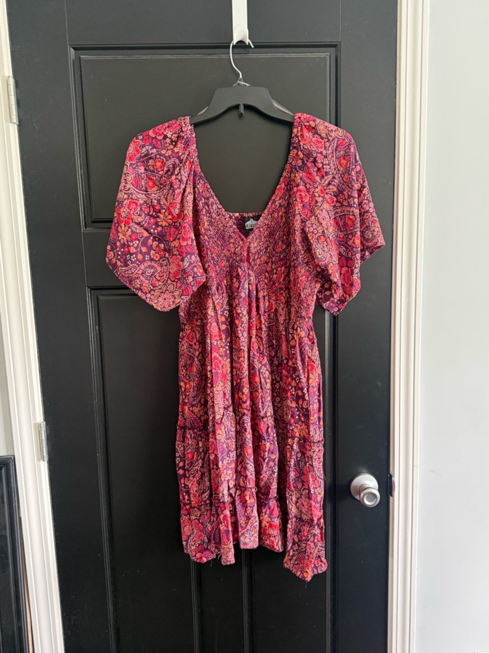 Angie Paisley-Print Flutter Sleeve Midi Dress in Burgundy and Pink - Picture 2 of 5
